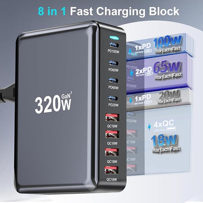 320W USB C Charger Block, 8-Port Fast USB Charging Station Hub PD 100W GaN Ⅲ