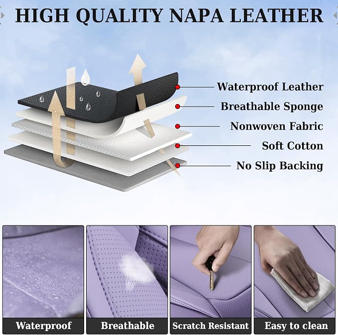 Coverado Universal Seat Covers Front, Universal Seat Covers for Cars, 2-Pack Waterproof Nappa Leather Car Seat Covers with Head Pillow, Auto Protectors Fit for Most Sedans SUV Pick-up Truck-Purple