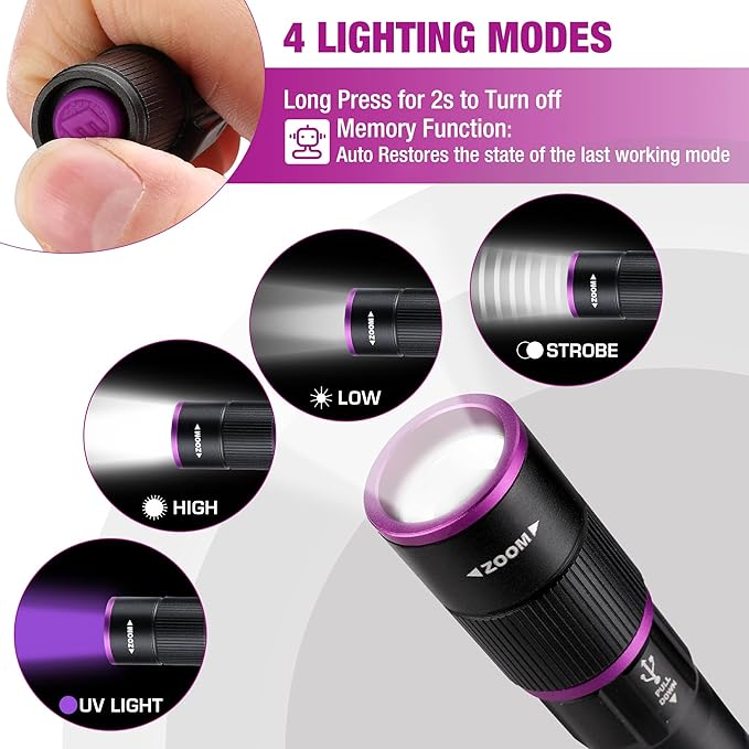 EverBrite Rechargeable Pen Flashlight with UV Light and White Light, 395nm Black Flashlight with Clip, Zoomable 4 Modes with Memory Function, USB C Cable, for Camping, Emergency, Pet Urine Detection