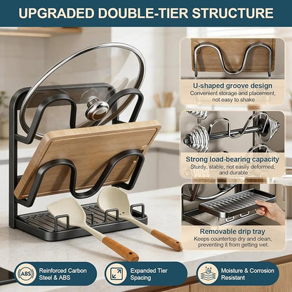Kitchen Pot Lid Storage Rack: Carbon Steel Double-Layer Holder & Spoon Rest