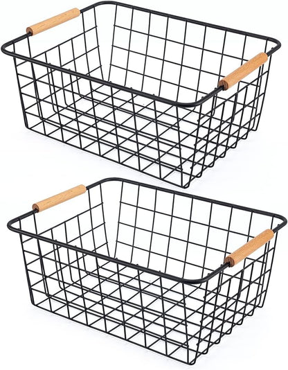 Black 2PCS Wire Storage Baskets with Wooden Handles - Organizing Pantry and Kitchen Cabinets - Metal Wire Food Storage Basket
