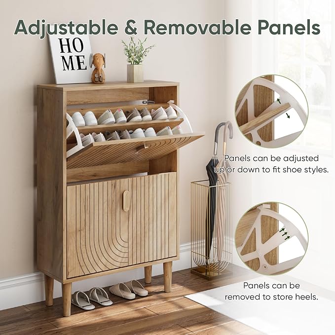 Smuxee Shoe Cabinet with 2 Flip Drawers, 23.6" Oak Hidden Shoe Storage Cabinet