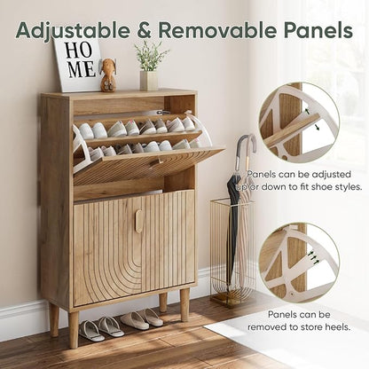 Smuxee Shoe Cabinet with 2 Flip Drawers, 23.6" Oak Hidden Shoe Storage Cabinet