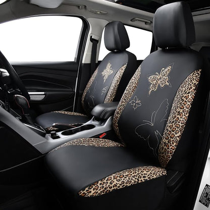Flying Banner Butterfly car seat Covers ful Set Fashion Universal Lady Woman Female Rear Bench Split Colorized (Full Set - Faux Leather, Leopard Brown)