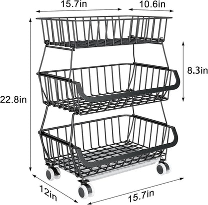3-Tier Rolling Pantry Floor Organizer, Stackable Pantry Storage Cart with Wheels, Metal Wire Pantry Baskets, Kitchen Fruit Basket Stand, Vegetable Storage Rack for Fruits Snacks Onions Potatoes