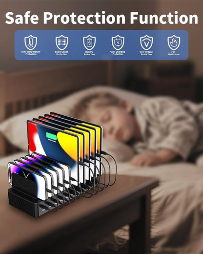 100W Charging Station for Multiple Devices, 10-Port USB Fast Charging Station