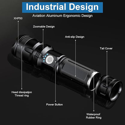 Rechargeable Flashlights 90000 High Lumens - 2 Pack, Super Bright LED Flash Light with 5 Modes, 12 Hour Brightest Waterproof Handheld Flashlight for Home, Camping