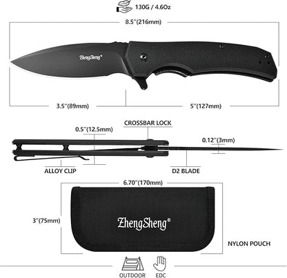 Praxis Folding Pocket Knife, 3.6" PVD Titanium Coating D2 Steel Blade Foldable Knife with G10 Handle Lightweight Camping Survival Hiking Knives