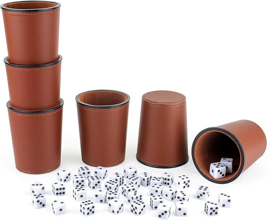 Felt-Lined PU Leather Dice Cup Set, 6 Quiet Shaker Cups With 36 Dice for Bar Party Yahtzee Farkle Games, Dark Brown