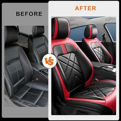 Focus Car Seat Covers Custom Fit for Ford Focus 2009-2018, Premium Full Coverage Leather Automotive Seat Protectors, All Seasons Waterproof Breathable, Airbag Compatible, 2 Front Seat Red Black