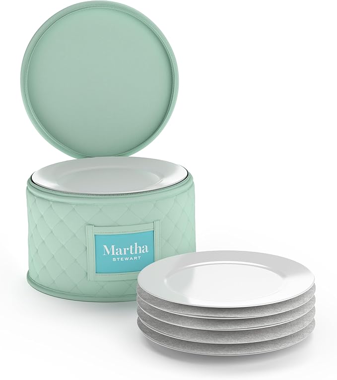Martha Stewart Dinnerware Stemware Glassware Stackable Organizer Home Storage Container Case, 3 Piece Dinnerware Set Organizer For Dessert, Salad and Dinner Plates With Felt Dividers, Mint
