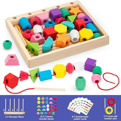 Montessori Wooden Lacing Beads Toys for 2 3 4 Year Old Toddler Kids, Sequencing & Stacking Block Toy with Storage Box, STEM Preschool Learning Toys, Christmas Birthday Gifts for Boys Girls