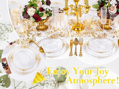 100PCS Clear Gold Plastic Bowls - 12 oz Clear Disposable Salad Bowls - Heavy Duty Disposable Soup Bowl - Fancy Plastic Ice Cream Bowl for Weddings, Thanksgiving Parties, Dinners, Picnics,
