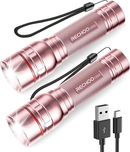 Rechargeable Flashlights High Lumens, G1000 Super Bright Flash Light 2 Pack, Small Zoomable LED Flashlight with 3 Lighting Modes, Portable Flashlights for Camping Essentials, Gift for Women (Pink)
