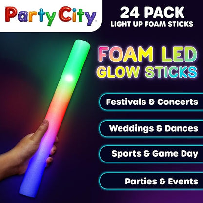 Party City 24pk LED Foam Glow Sticks 14?? Glow in the Dark Party Supplies Favors, Colorful Flashing Wand with 3 Modes, Foam Light Up Sticks Bulk Party Pack for Wedding, Birthday, Concert, Halloween