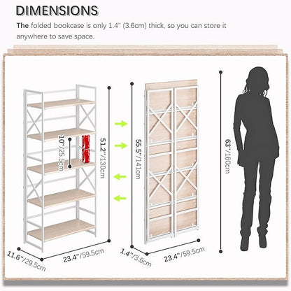4NM 5 Tiers No Assembly Book Shelves, 51.2" H Folding Bookshelf Bookcase Open