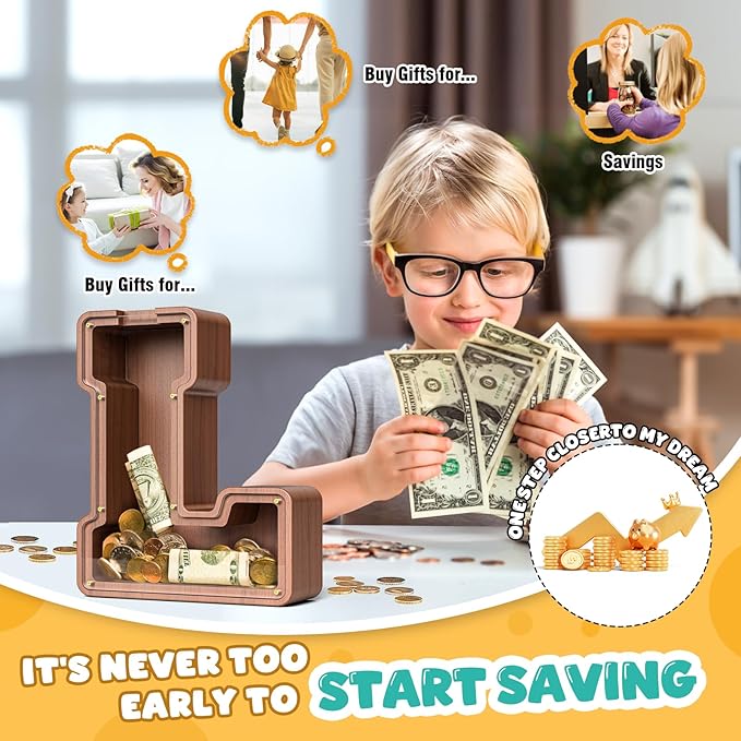 Summidate Wooden Letter Piggy Bank, Extra Thick Large Capacity Piggy Bank for Kids Boys Girls Toddler, Alphabet L Money Bank| Coin Box Birthday, Christmas, Festival