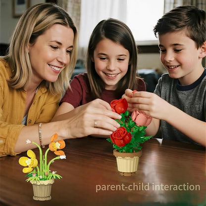Party Favors for Kids, Tiny Plants Mini Flowers Building Blocks Set for Classroom Prize, Flowers Building Toy, Birthday Gifts for Boys Girls (Rose+Papaver rhoeas)