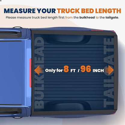 KUIPERAUTO 8FT Roll-Up Soft Vinyl Truck Bed Tonneau Cover Compatible for 2007-2013 Chevy Chevrolet Silverado/GMC Sierra 1500 2500HD 3500HD Fleetside Long Bed On Top -96 Inch