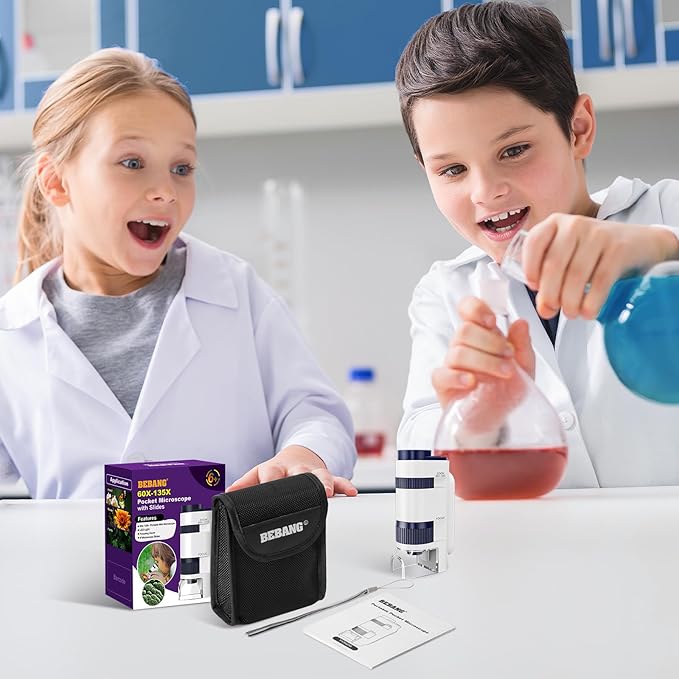 Handheld Portable Pocket Microscope for Kids - BEBANG Mini Lab Kids Microscope with 5 Prepared Slides LED Portable Microbiological Observation Miniscope Tool for Science Exploration