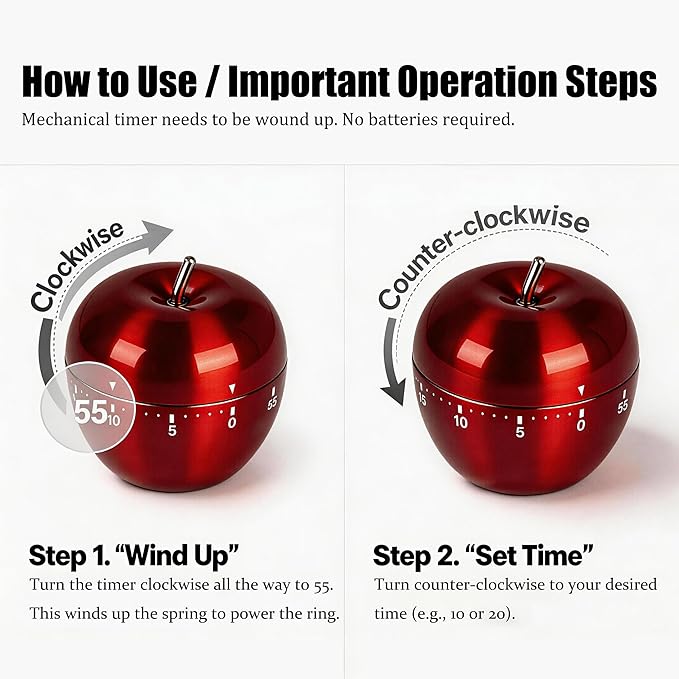 Stainless Steel Apple Kitchen Timer, Mechanical 60-Minute Manual Countdown