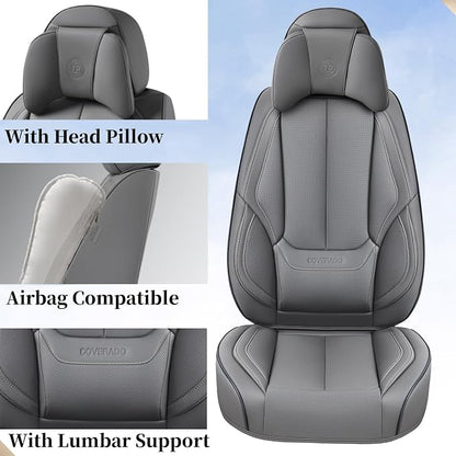 Coverado Universal Seat Covers Front, 2-Pack Waterproof Seat Covers for Cars, Universal Nappa Leather Car Seat Covers with Head Pillow, Auto Protectors Fit for Most Sedans SUV Pick-up Truck-Gray