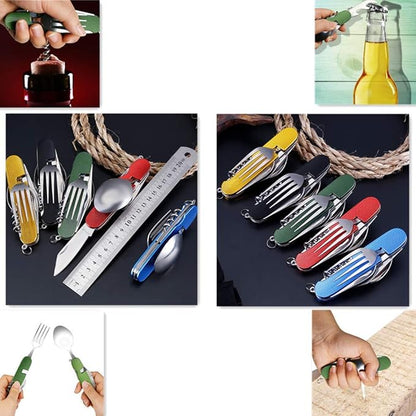 Cluck 6-in-1 Multi-Function Camping Utensil Flatware Set Detachable Spoon Fork Knife Combo Mess Kit with Carrying Pouch (Gold + Black)
