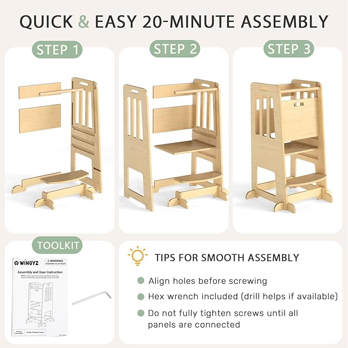 WINGYZ Toddler Kitchen Stool – Adjustable Helper Tower for Kids with Safety Rail, Wooden Standing Step-Up Stool, Sliding Door & Stable Base, Natural Wood