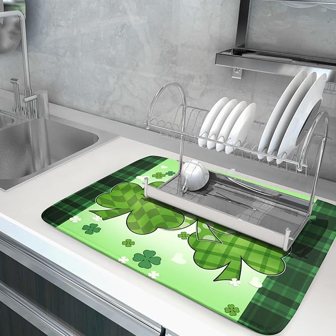 St Patricks Day Shamrocks Lucky Clovers Dish Drying Mat