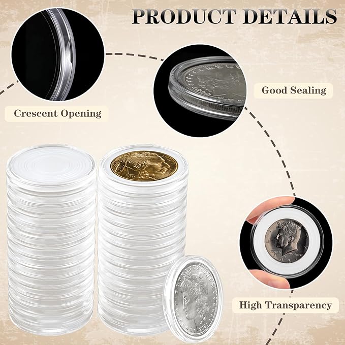 63PCS Silver Dollar Coin Holder, Clear Coin Capsules, Coin Holders for Collectors, Plastic Coin Case for Morgan Silver Dollar, Coin Protectors with Adjustable Gasket (17/20/25/27/30/33/38/40mm)