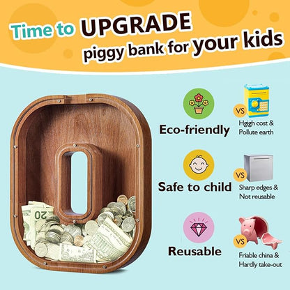 Summidate Customized Name Large Wooden Piggy Bank for Kids Boys Girls Alphabets Letter A-Z Coins Bills Money Change Bank Box Initial on Clear Cover (Laser Engraved) (Alphabet-O, Personalized-12)