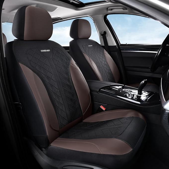 Coverado Seat Covers for Car 5 Seats, Leather Car Seat Covers Fullset, Breathable Mesh Front and Rear Protectors, Coffee Luxury Automotive Covers, Universal Fit for SUV, Truck, Sedan