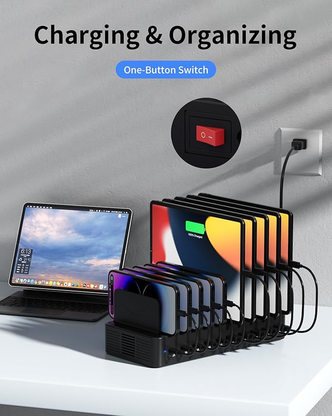 100W Charging Station for Multiple Devices, 10-Port USB Fast Charging Station