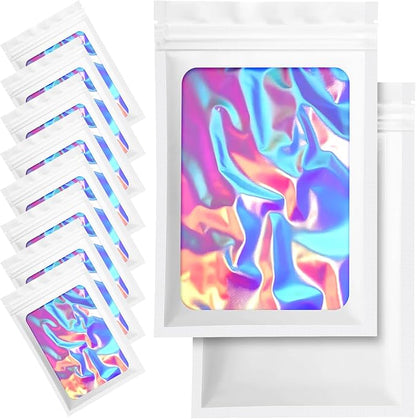 100 Pack Holographic Packaging Resealable Bags for Small Business -5.5 x 7.8 Inch Pouch Bags for Lipgloss Jewelry Cookies Sample - White
