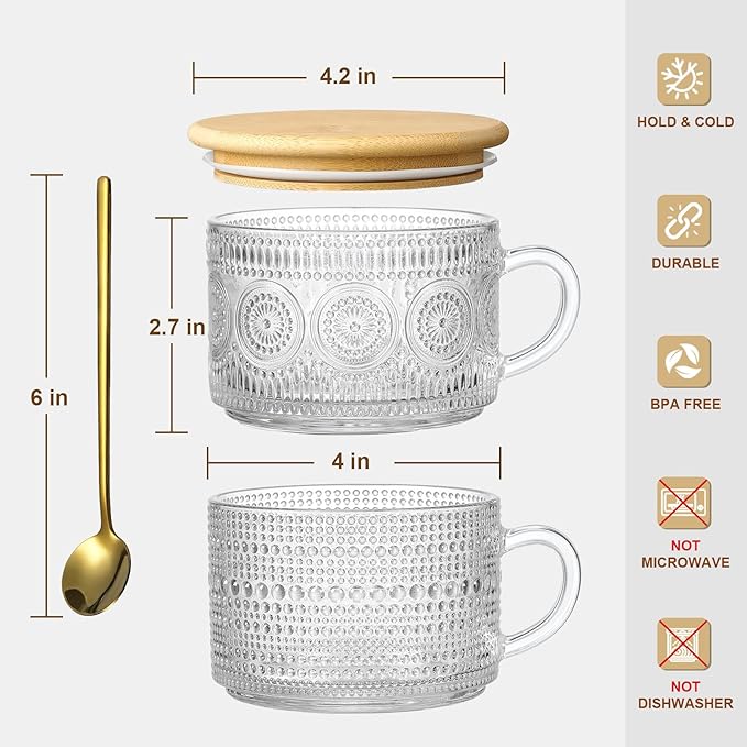 LANDNEOO 6 Pack 14oz Vintage Glass Coffee Mugs