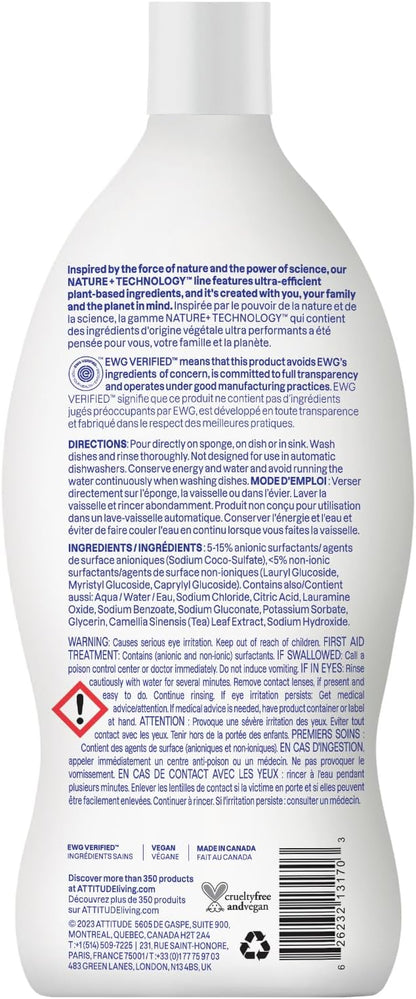 ATTITUDE Dish Soap, EWG Verified, Plant-Based & Vegan Dishwashing Liquid, Naturally Derived, Unscented, 23.7 Fl Oz