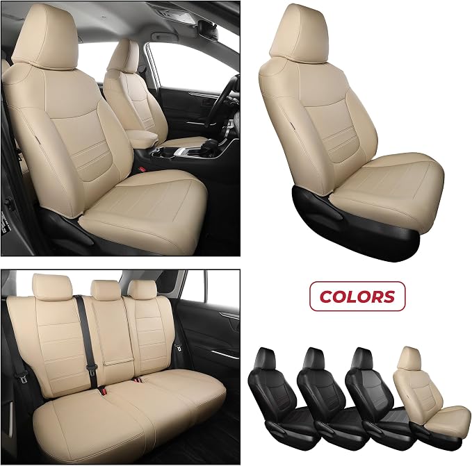 FREESOO RAV4 Seat Covers Full Set Custom Fit for Toyota Rav4(Only Hybrid) 2019 2020 2021 2022 2023 2024 2025 LE/XLE/XLE Premium/Limited, Faux Leather Car Seat Cover, Airbag Compatible, Beige