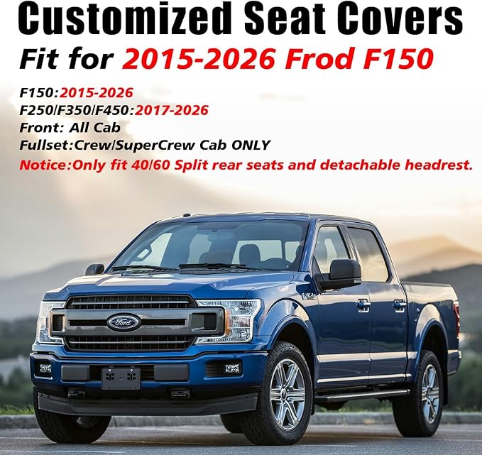 Coverado Full Set Leather Car Seat Covers for F150,Waterproof Automotive Seat Covers for Cars,SUVs,Pickup Trucks,Compatible with 2015-2026 F150 SuperCrew,2017-2026 F250 F350 F450 Crew Cab, Blue Line