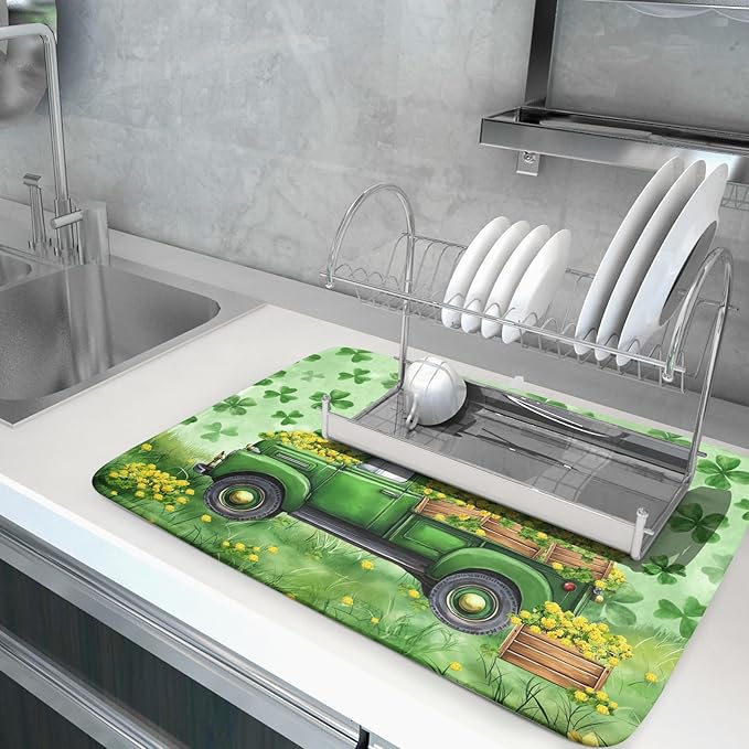 Green Holiday Dish Drying Mat Lucky Clover Truck Drying Mat