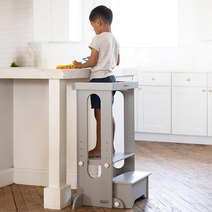 Little Partners Foldable Toddler Tower, Learning Tower Explore 'N Store Montessori Standing Kitchen Tower with Folding Step Stool Platform for Cooking and Learning, Ages 2+ (Silver Drop)