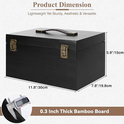 ANMINY Wooden Keepsake Memory Box with Lid Bamboo Wood Storage Box with Hinged Lid & PU Leather Handles Large Decorative Wooden Chest Box for Crafts Stash Gifts - Black, 11.8" L x 7.8" W x 5.9" H