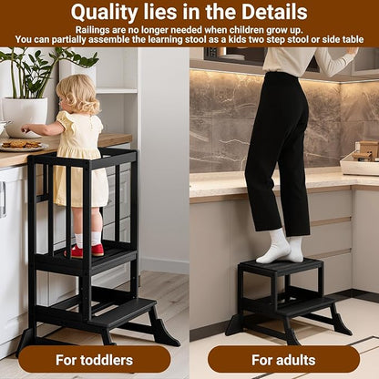 COSYLAND Kitchen Tower for Toddlers with Anti-Tip Support – Lightweight Toddler Kitchen Stool Helper for Bathroom Living Room Dining Room – Solid Bamboo Standing Tower (Black)