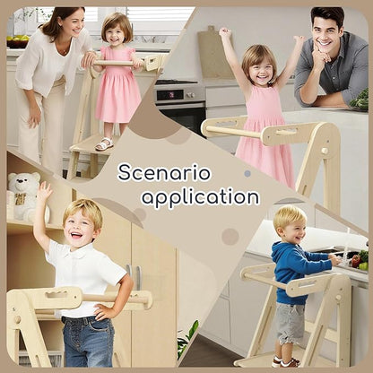 Kids Kitchen Step Stool, Foldable Toddler Tower, Height Adjustable Toddler Standing Tower with Safty Rail and Anti-Slip Device, Wooden Stool for 1.5-6 Years(Nature-Wood)