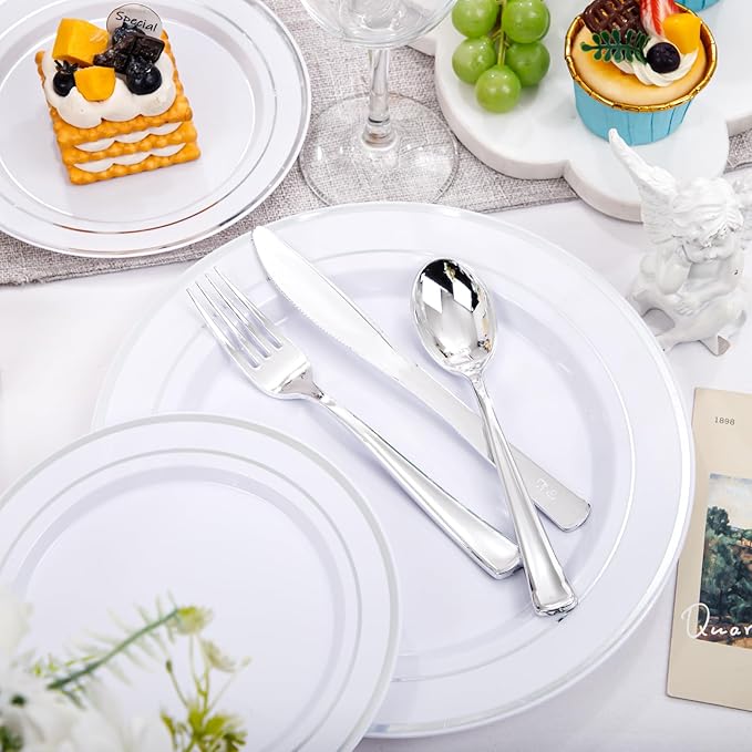 bUCLA 300PCS Silver Disposable Plastic Dinnerware Set - 50 Guests White Silver Disposable Plates Include 50 Dinner Plates,50 Dessert Plates,50 Knives,50 Forks,50 Spoons,50 Cups for Party & Christmas
