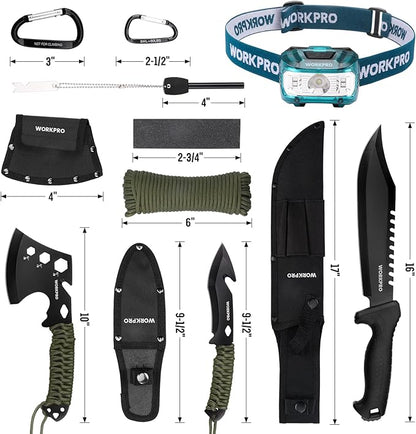 WORKPRO Camping Hatchet & Machete with Sheath, Camping Axe and Fixed Blade Hunting Knives with Paracord Handle, Headlamp, Flint, Camping Tool Set for Outdoor Hunting Survival