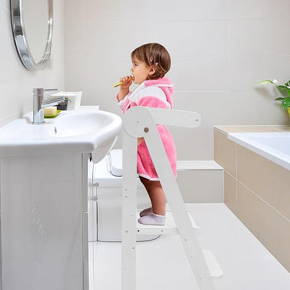 Foldable Toddler Tower 95% Preassembled Kitchen Stool Helper Folding Step Stool for Kids Montessori Toddler Standing Tower with 3 Adjustable Height Helper Tower for Kitchen Counter Sink White