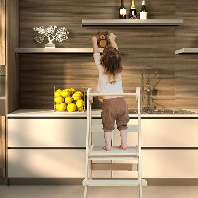 Foldable Toddler Tower Preassembled Kitchen Stool, Folding Tower for Learning with 3 Adjustable Heights Montessori Toddler Standing Tower Collapsible Step Stool for Kids 1.5-6y Natural
