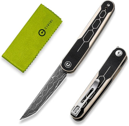 CIVIVI KwaiQ Pocket Knife, Folding Knife with Inline Flipper for EDC, 2.97" Damascus Tanto Blade Two-tone G10 Handle for Women Men C23015-DS1