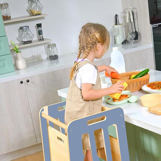 WINGYZ Toddler Kitchen Stool – Adjustable Helper Tower for Kids with Safety Rail, Wooden Standing Step-Up Stool, Sliding Door & Stable Base, Light Blue