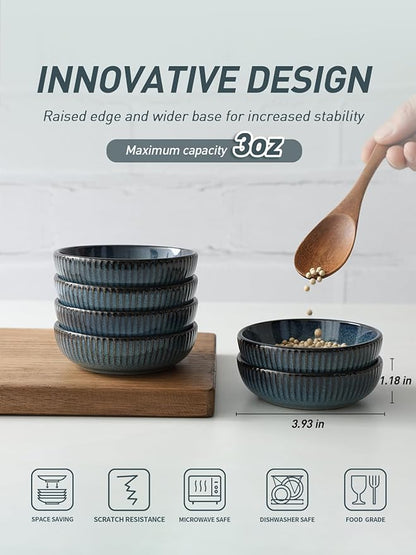famiware Starlight Soy Sauce Dish Ceramic Dipping Bowls Set of 6, 3 oz Individual Dip Sauce Cups/Bowls/Dishes/Plates, Small Serving Bowl for Side Dishes, Dessert, Ice Cream, Condiment, Starry Blue